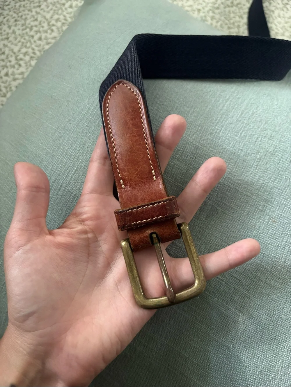 Tommy Hilfiger Vintage Style Belt Men’s Size 38 Navy Brown Leather Brass